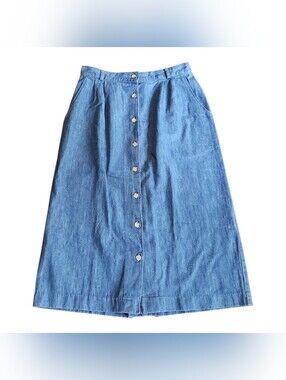 Vintage Orvis USA Denim Button Front Skirt Midi A Line Prairie Cottage 29 Waist